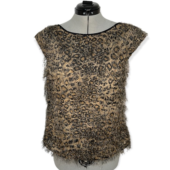 ANN TAYLOR Leopard Fuzzy/fringe sleeveless top - Picture 3 of 11